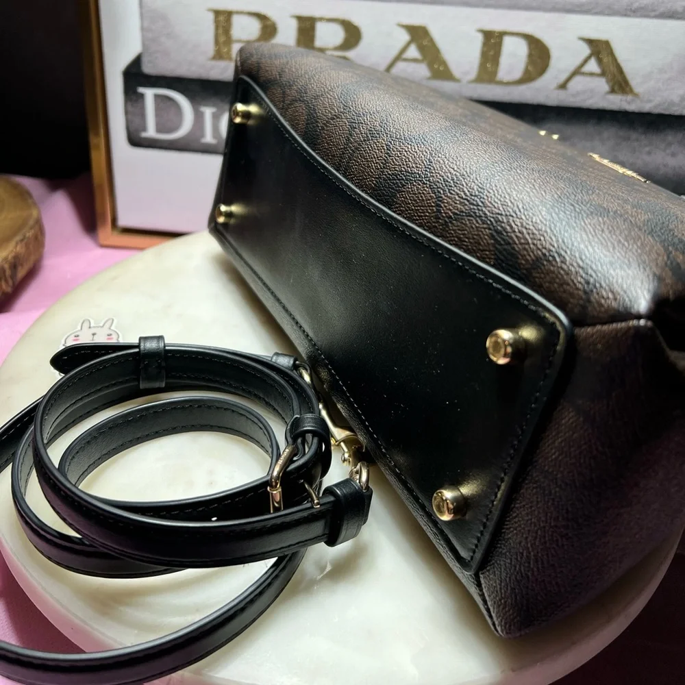 Coach Mini Lillie Carryall in signature coated canvas and smooth black leather. - Picture 9 of 12